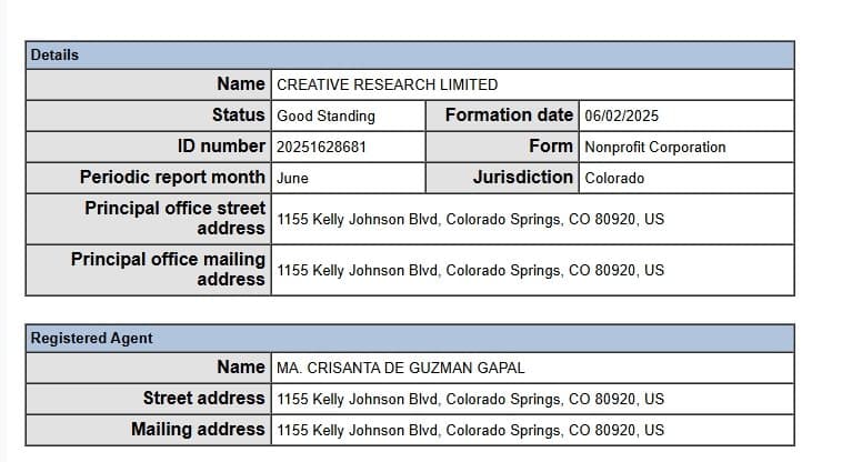 Registered information found in Colorado Business Database