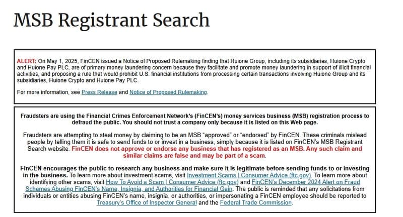 MSB registration is not equivalent to financial regulation or official endorsement