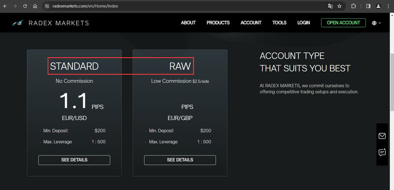 Tipos de cuentas de trading mostrados en el sitio web
