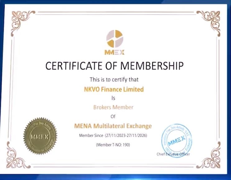 Membership certification from MENA Multilateral Exchange on NKVO's website