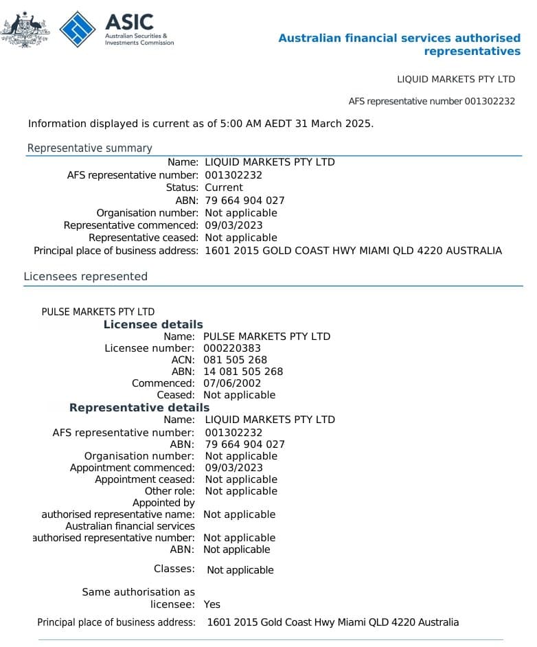 LiquidBrokers มีใบอนุญาต AR ที่ออกโดย ASIC