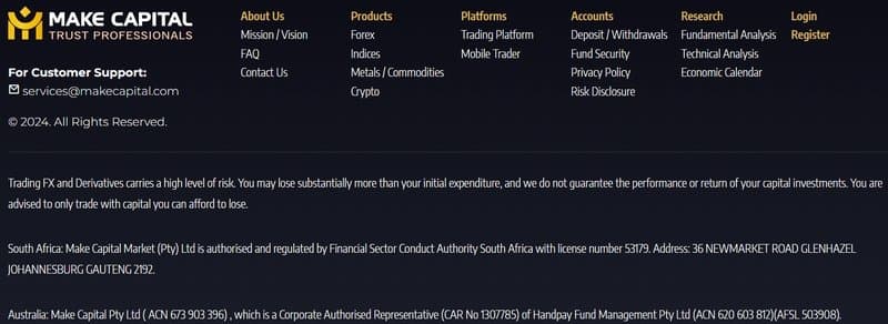 Make Capital's claimed regulatory information on its website