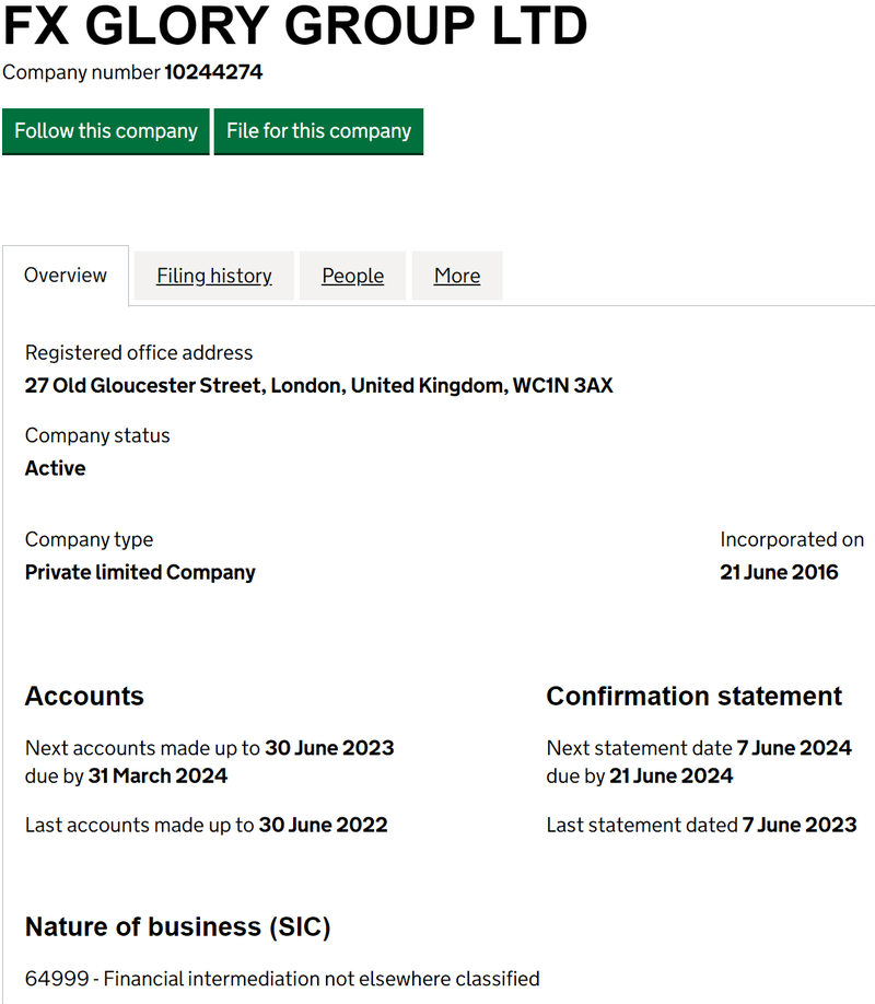 该经纪商在英国的注册实体为Fxglory Group Ltd