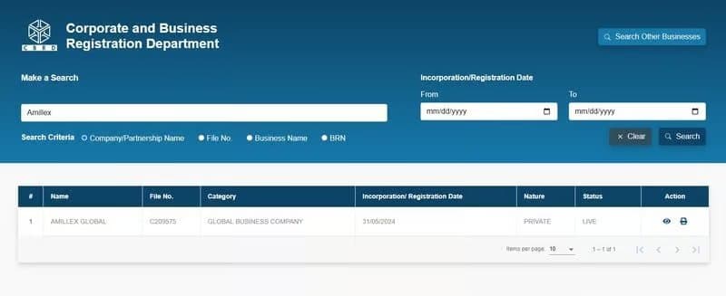 Información empresarial de Amillex registrada el 31 de mayo de 2024