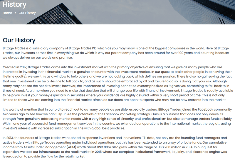 Claimed company history on the website
