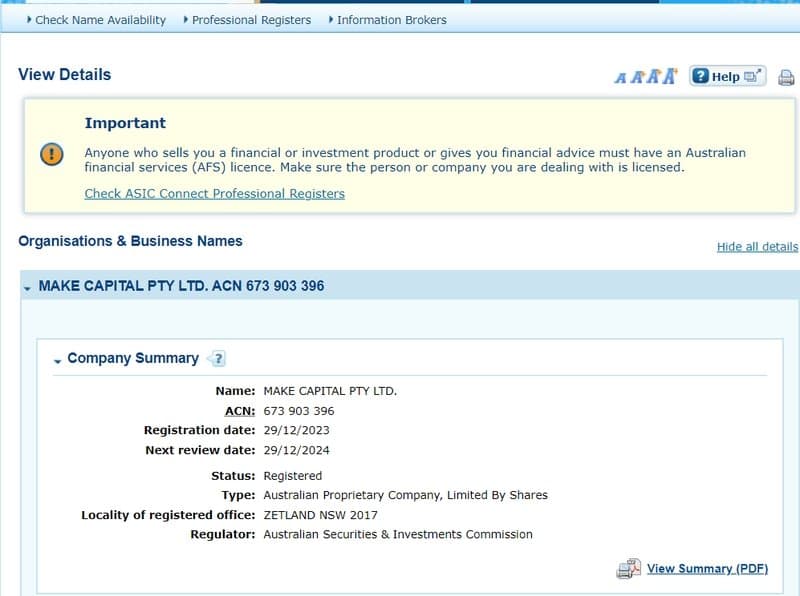 Make Capital's regulatory information on ASIC