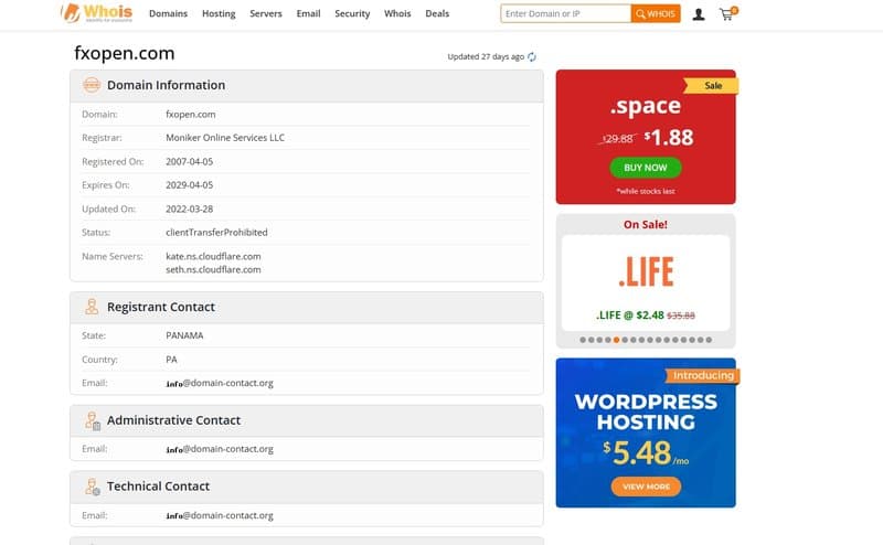 FXOpen domain registration time on whois
