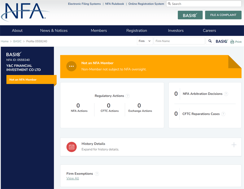 NFA không có thông tin đăng ký của Y&C Financial Investment