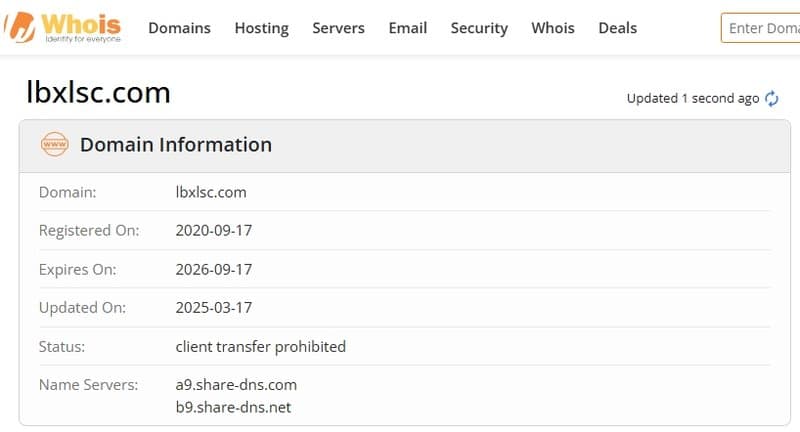 Согласно WHOIS, домен lbxlsc.com зарегистрирован 17 сентября 2020 года