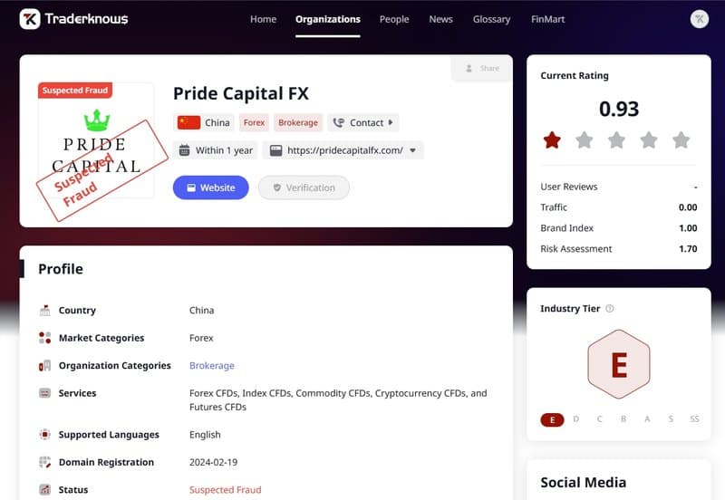 Pride Capital FX listed as suspected scam on Trader Knows