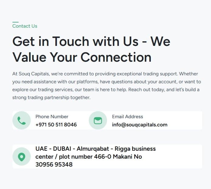 Souq Capitals утверждает, что их адрес для связи находится в Дубае, ОАЭ