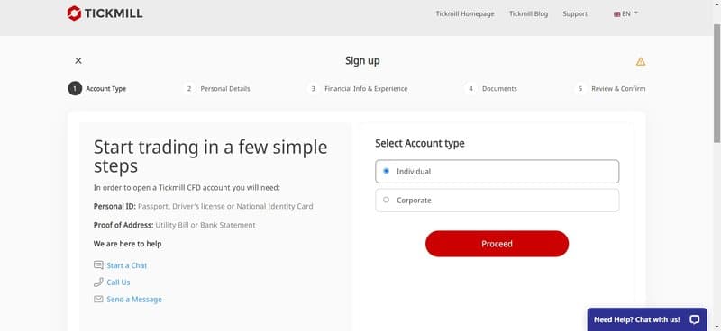Tickmill account opening process
