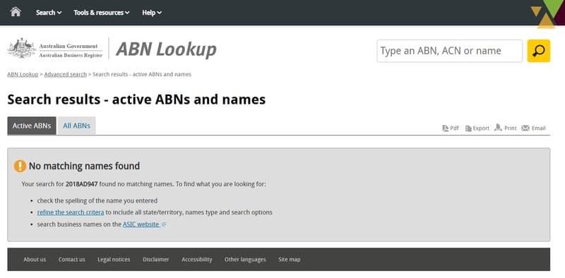 オーストラリア企業登録局で見つからないABN番号