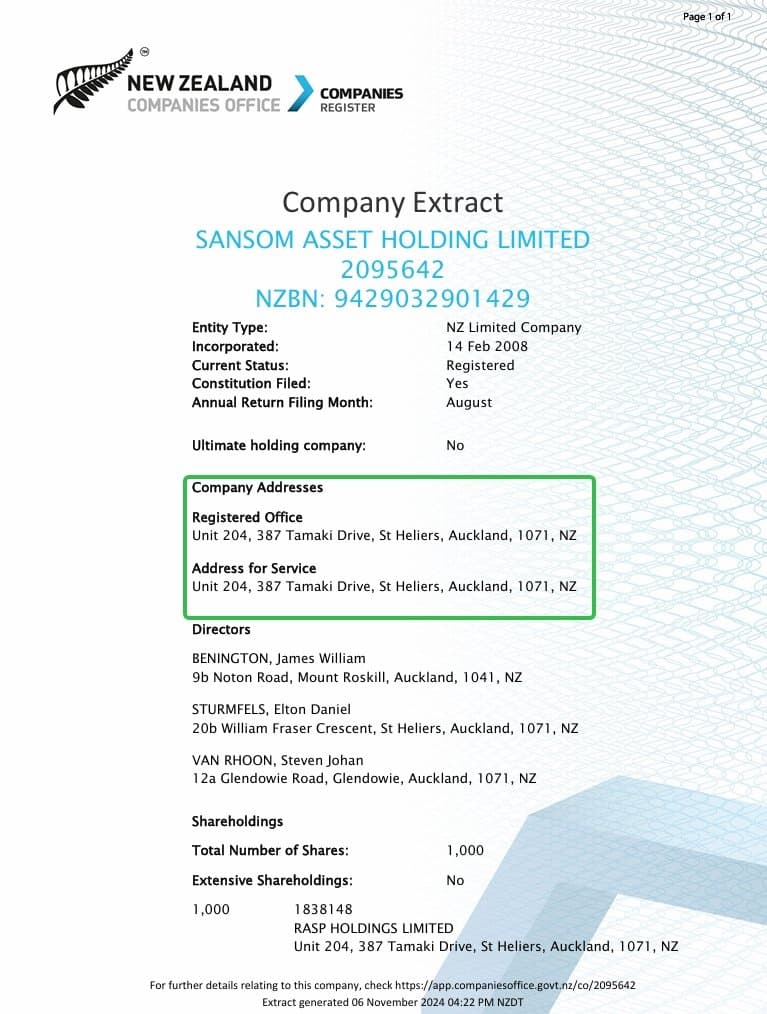 Company registration details for SANSOM ASSET HOLDING LIMITED can be found in the New Zealand register