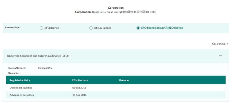 Koala Financial Group Limited holds SFC type 1 and 4 licenses