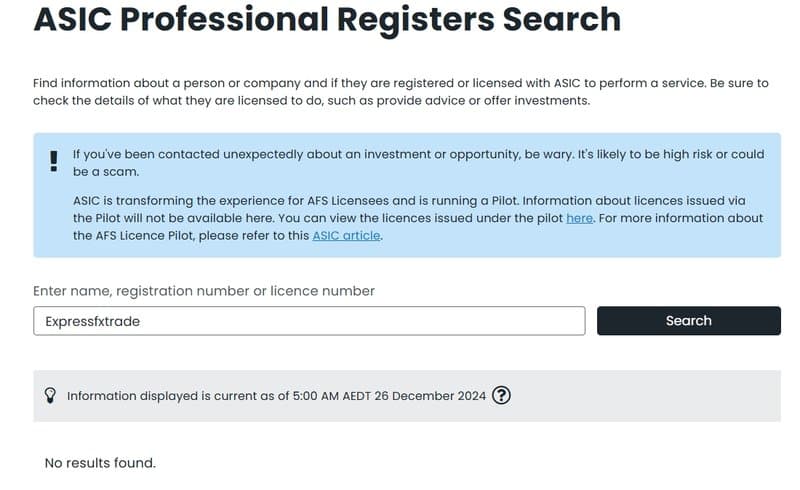 호주 증권 및 투자 위원회(ASIC)가 Expressfxtrade에 관한 정보를 찾을 수 없음