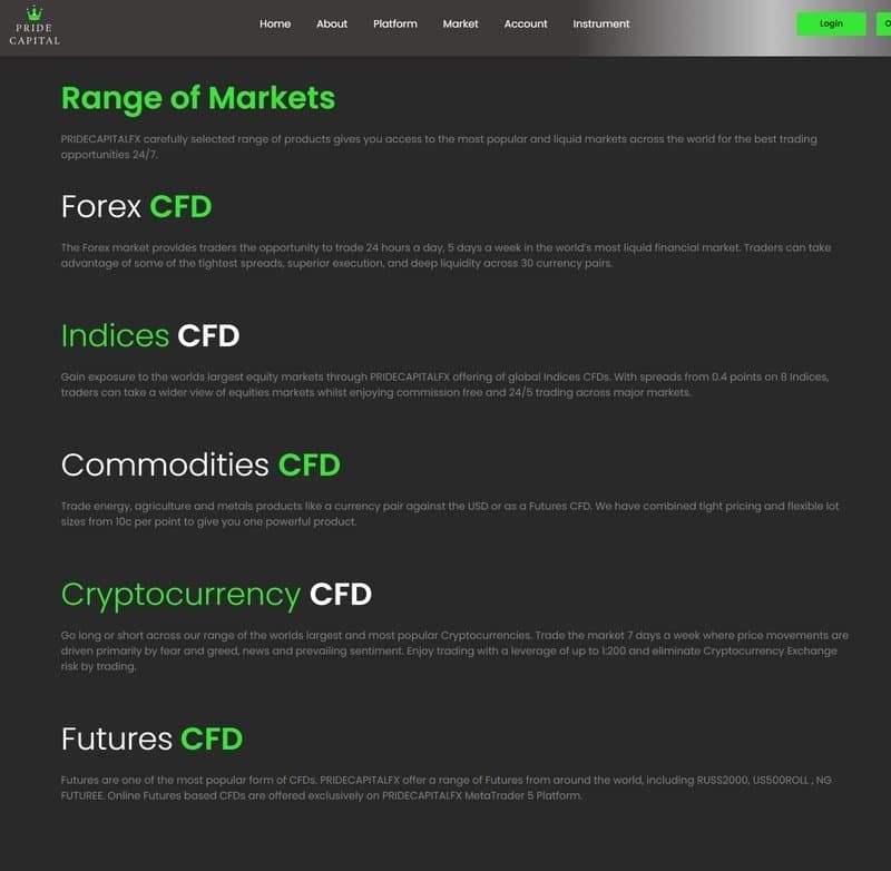 Pride Capital FX trading products
