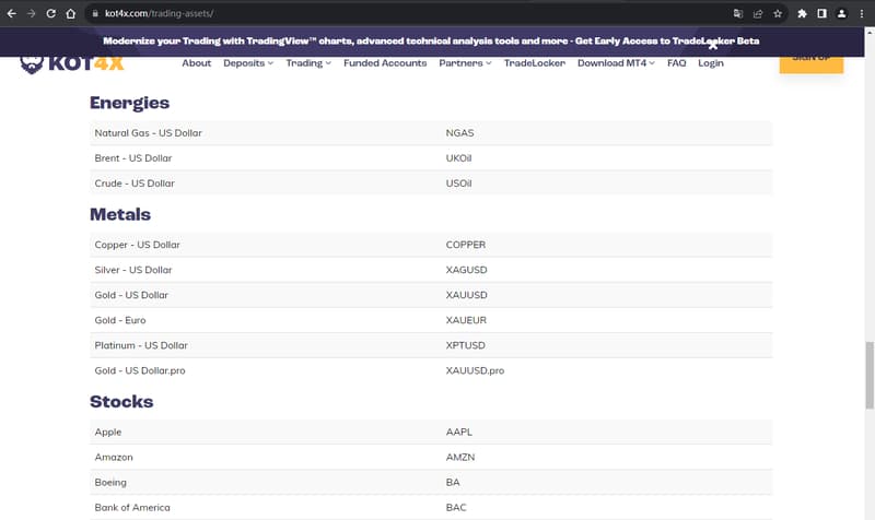 Información de productos de negociación en el sitio web 2