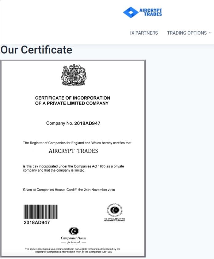 Aircrypt Trades公式サイト上の英国会社登録局登録証
