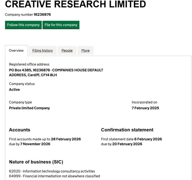 Suspected CREATIVE RESEARCH LIMITED registration information in Companies House UK