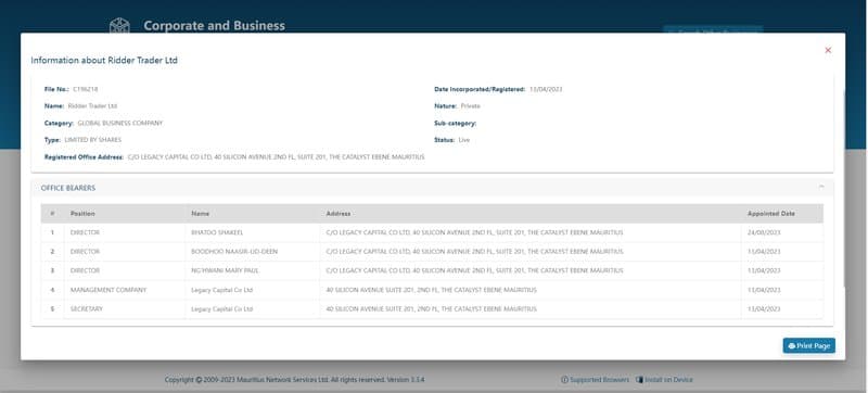Ridder Traderモーリシャス企業および商業登録部（CBRD）登録情報照会結果