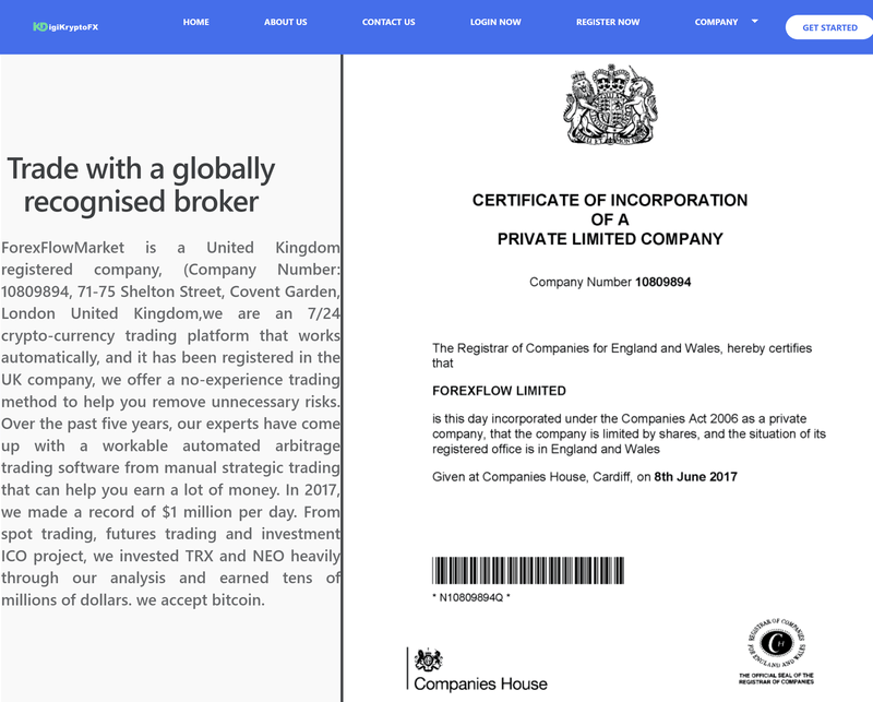 Company entity information displayed on the website
