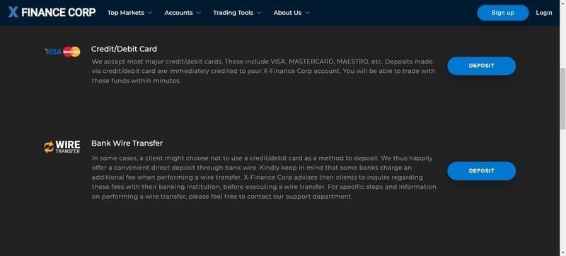 X-Finance Corp's methods for deposits and withdrawals