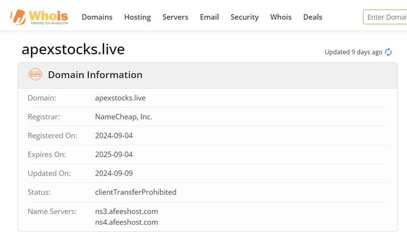 whois domain time of apexstocks LTD