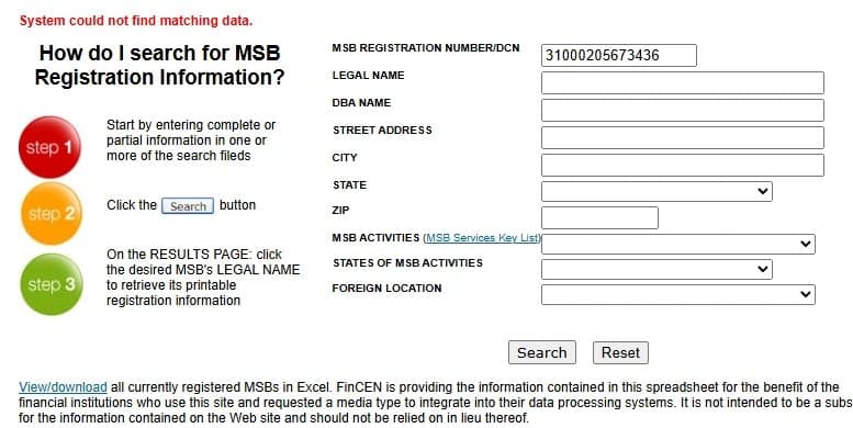На сайте FinCEN информация о MSB номере 31000205673436 отсутствует