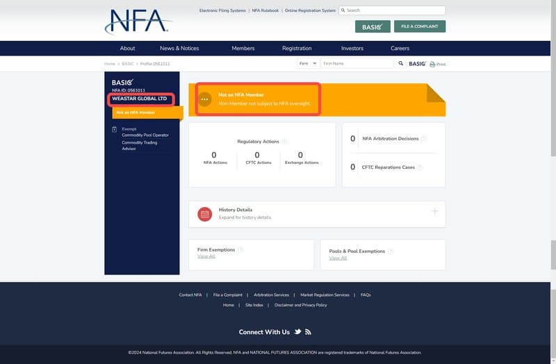 NFA regulatory inquiry of Weastar Global Markets Ltd