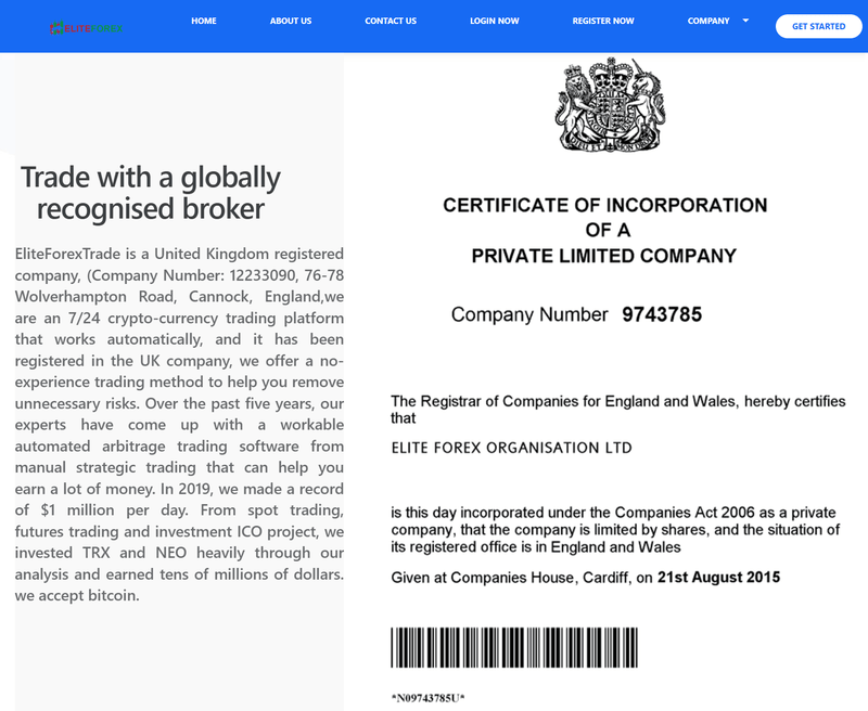 Регистрационная информация британской компании, представленная на сайте