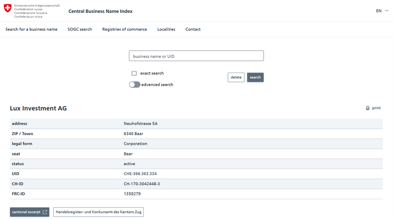 Zefix Query Result