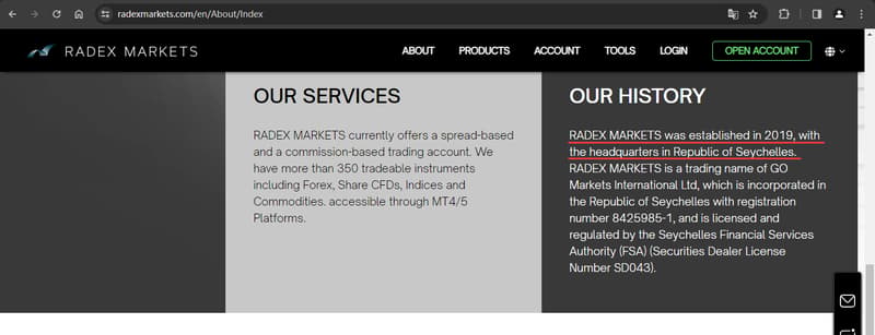 Información de registro de la compañía mostrada en el sitio web