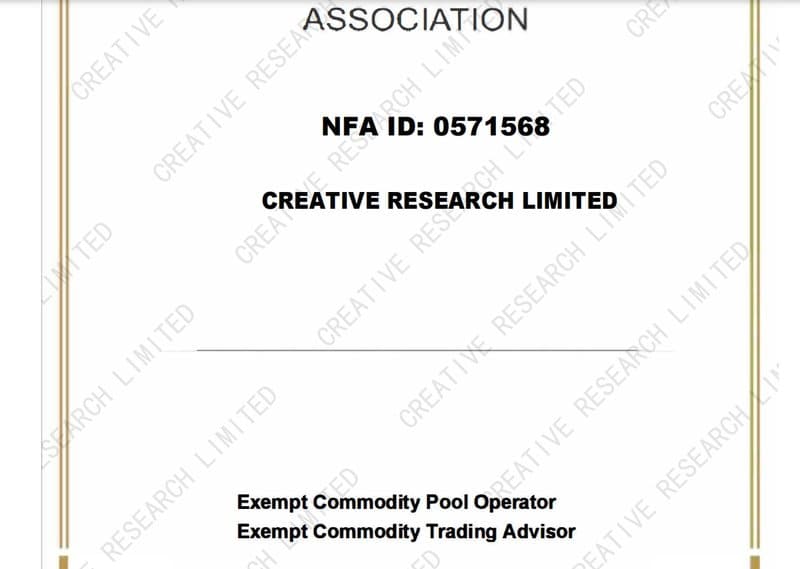 CREATIVE Research Limited displays NFA membership certificate on its website