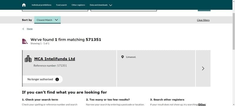 FCA registration number belonging to MCA Intelifunds Ltd