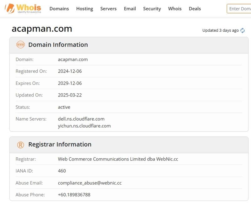 Website registration information