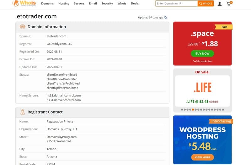 Fecha de registro en whois de ETO Markets