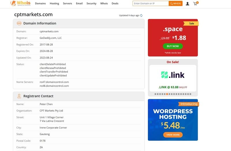 CPT Markets domain registration time