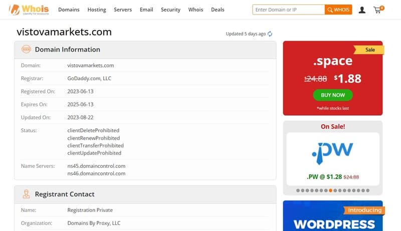 Vistova và kết quả tra cứu năm đăng ký tên miền whois
