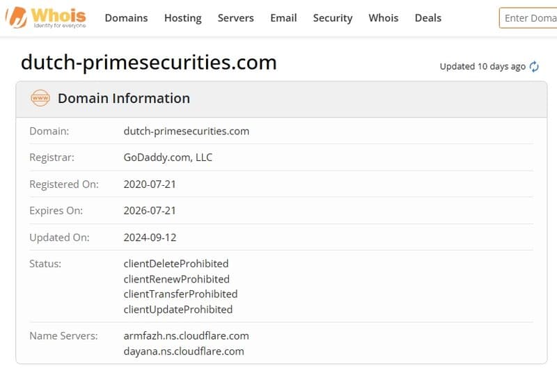 Dutch Prime Securities' website was registered on July 21, 2020