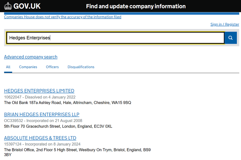 ผลการตรวจสอบ Companies House