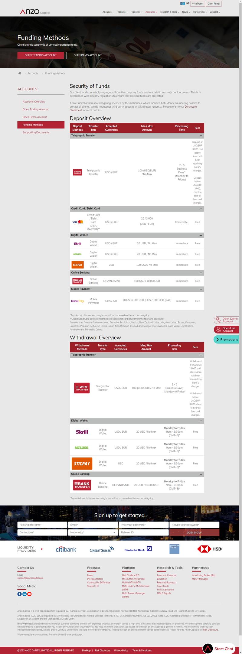 Información de depósito y retiro en el sitio web 2