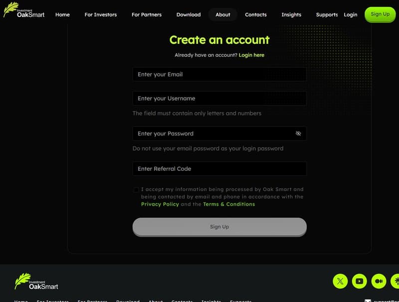 Процесс регистрации счета на Oak Smart