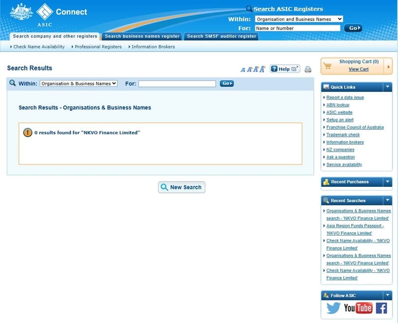 No registration information about NKVO found on ASIC's site