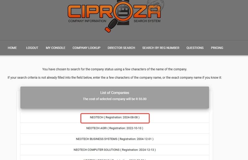 An entity named “NEOTECH” was registered on August 8, 2024, with the Companies and Intellectual Property Commission (CIPROZA) of South Africa