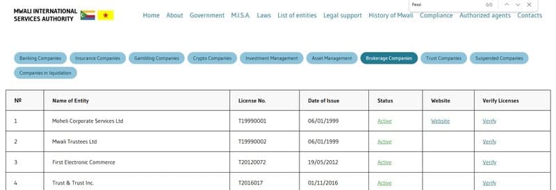 根据我们在姆瓦利国际服务局（科摩罗联盟）网站上的查询，并没有找到任何名为Fexsi的注册企业