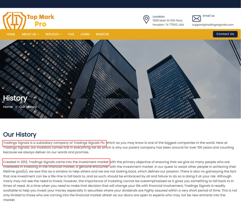Historia de desarrollo empresarial mostrada en el sitio web