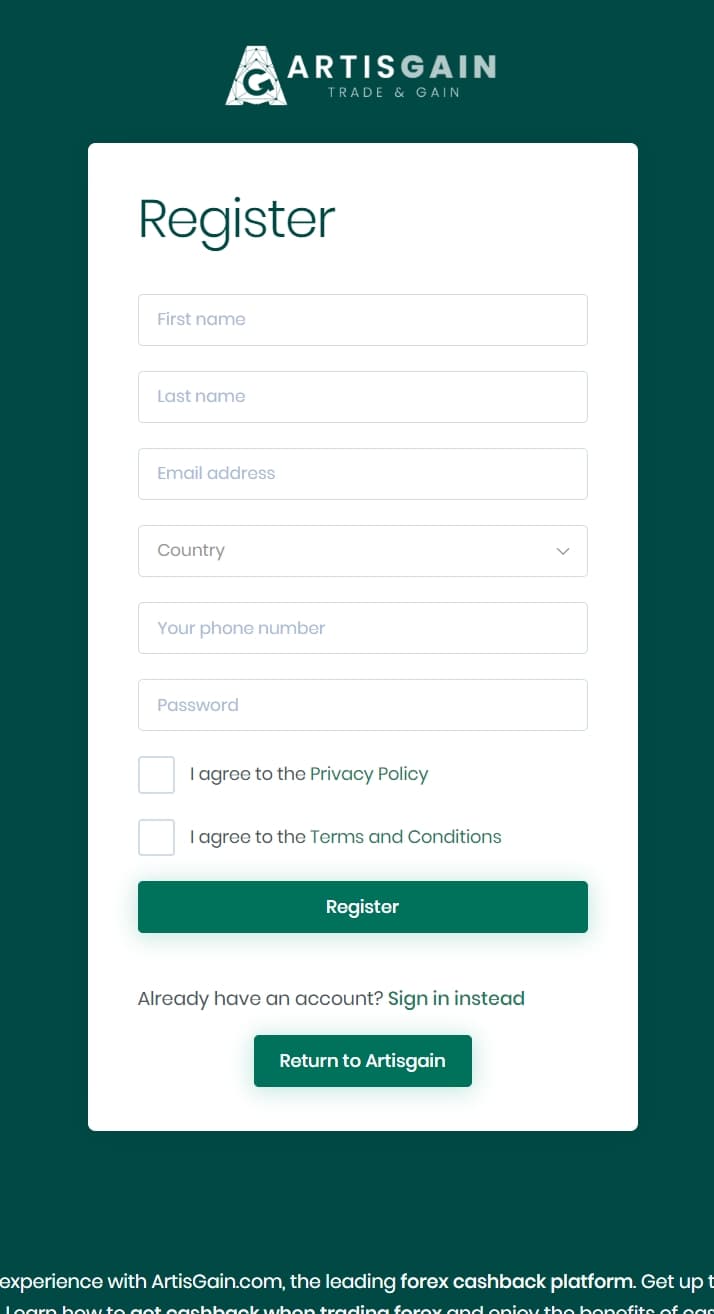 ArtisGain's account registration process