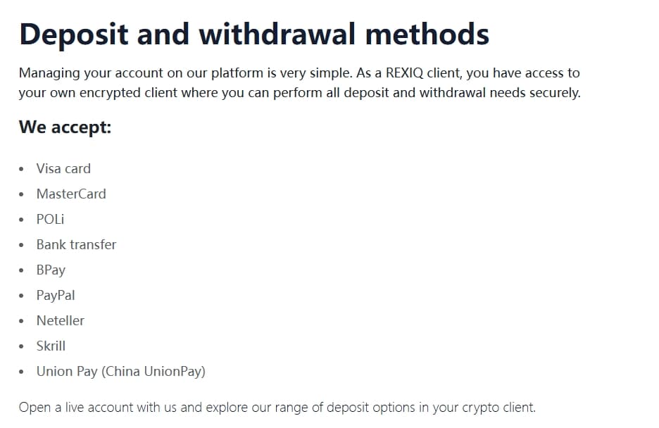 Funds deposit and withdrawal methods
