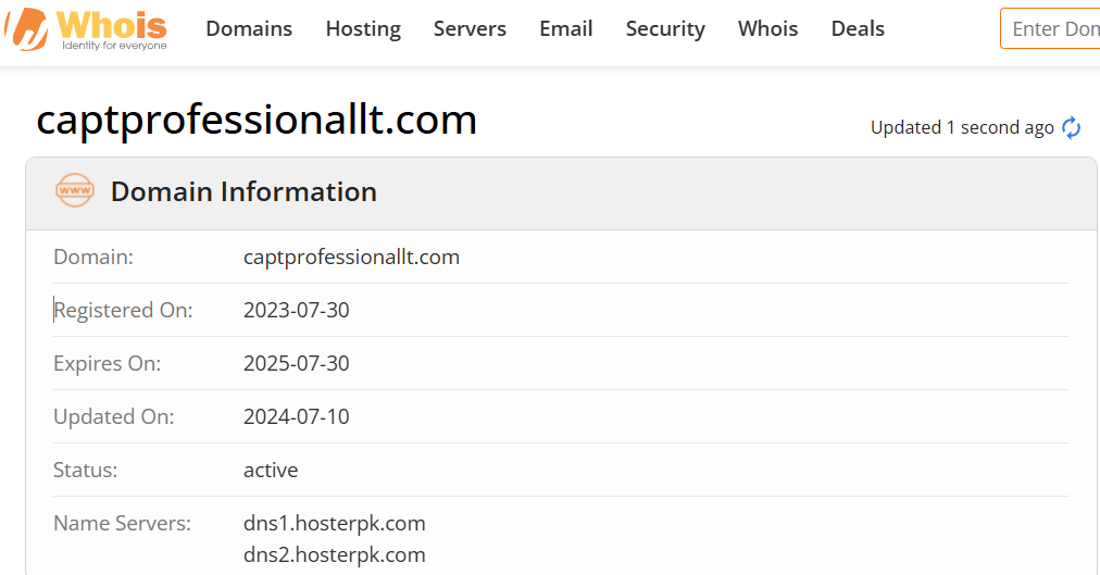 Whois lookup results